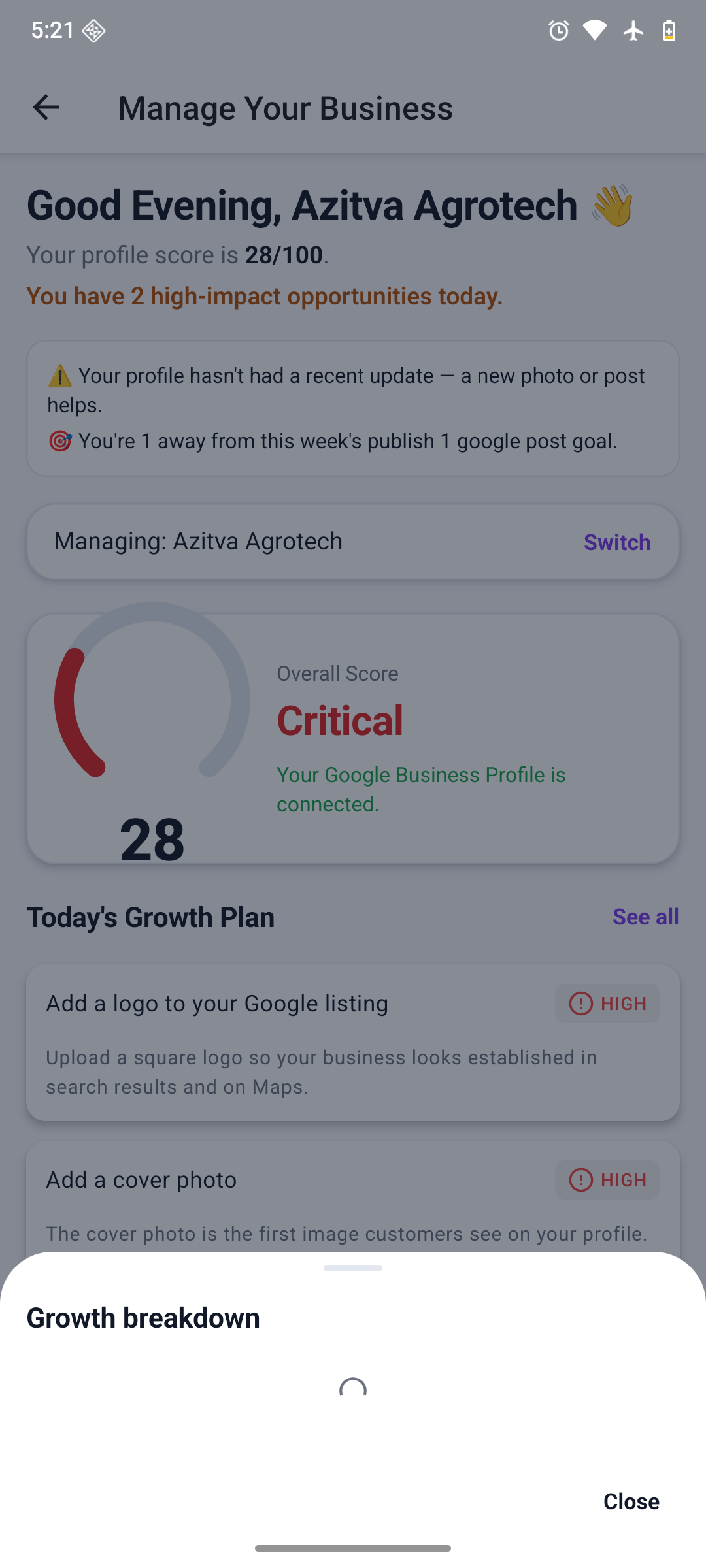 EPromo Google Business Profile growth dashboard: a profile score of 28 out of 100 rated Critical, two high-impact opportunities for today, and a growth plan listing "Add a logo to your Google listing" and "Add a cover photo" as high priority.
